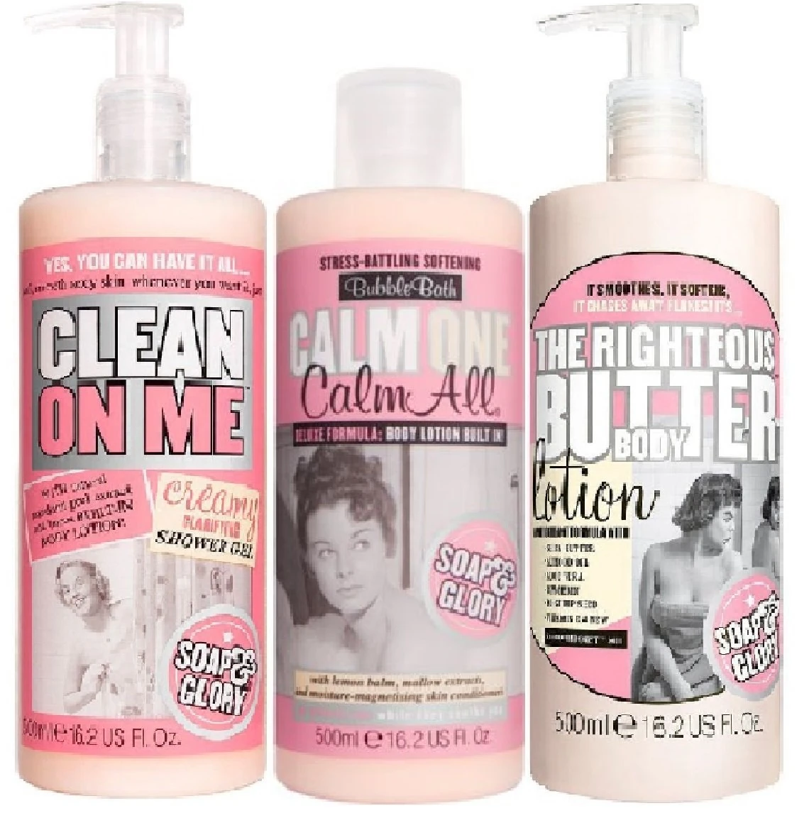(3 PACK) Soap & Glory Clean On Me Clarifying Shower Gel x 500ml & Soap & Glory Calm One Calm All Bubble Bath x 500ml & Soap & Glory The Righteous Butter Body Lotion x 500ml