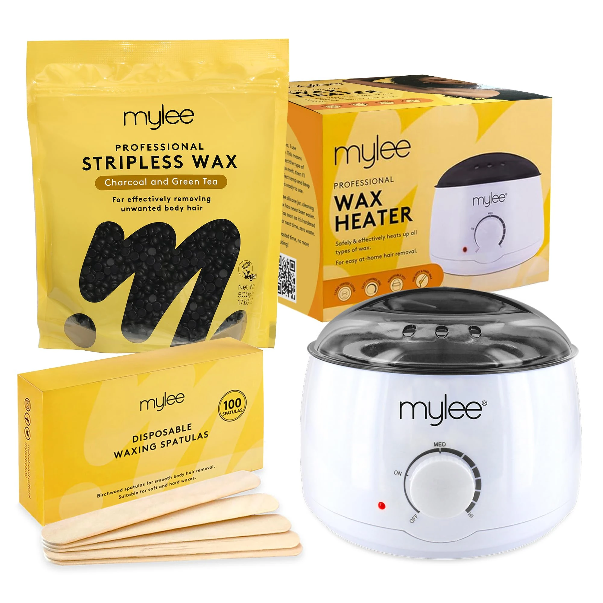 Mylee Professional Waxing Kit with Wax Heater, Hard Wax Beads 500g, Spatulas - Stripless Depilatory Waxing Pellets Solid Film Beans No Strip Needed (Charcoal & Green Tea)