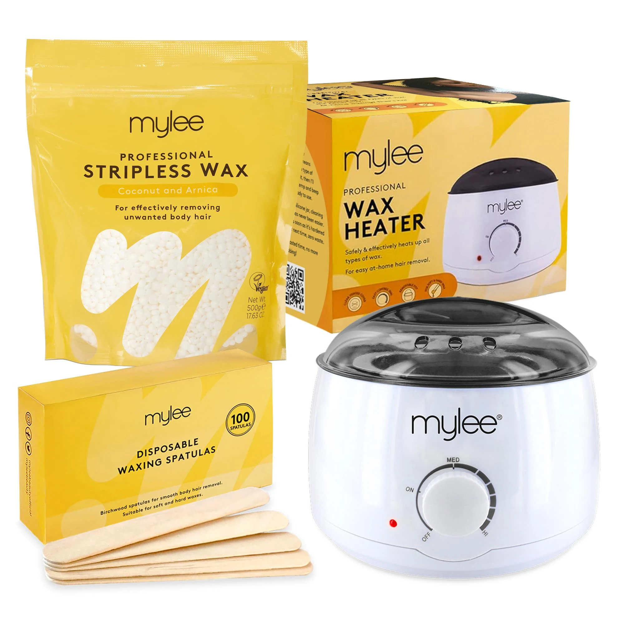 Mylee Professional Waxing Kit with Wax Heater, Hard Wax Beads 500g, Spatulas - Stripless Depilatory Waxing Pellets Solid Film Beans No Strip Needed (Coconut & Arnica)