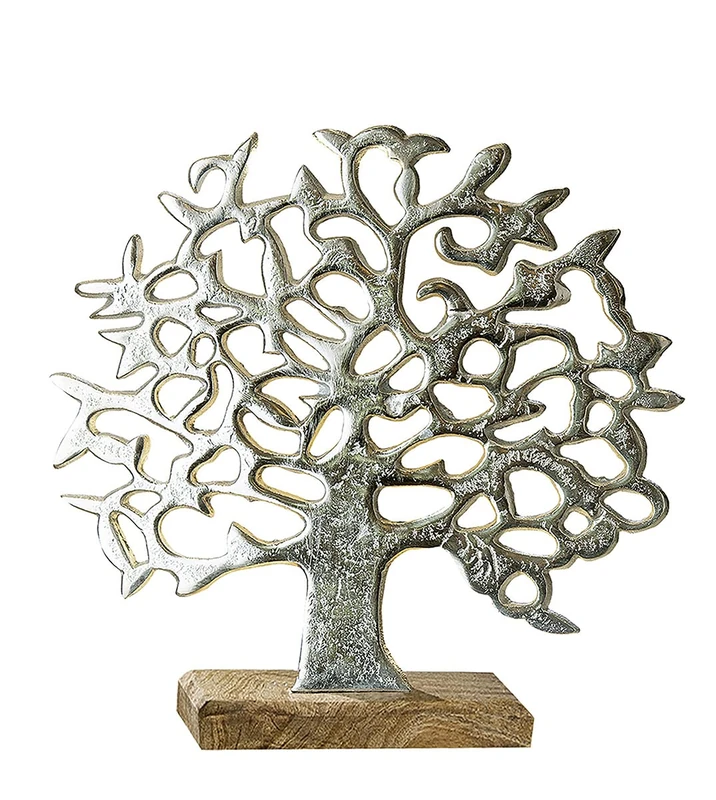 GILDE Tree of Life Figurine - Silver Aluminium on Wood Base