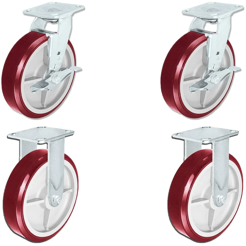 CasterHQ - Heavy Duty Polyurethane 2 Swivel Casters with Brake and 2 Rigid Fixed Casters, 8" x 2" Size (Pack of 4) - Tool Box