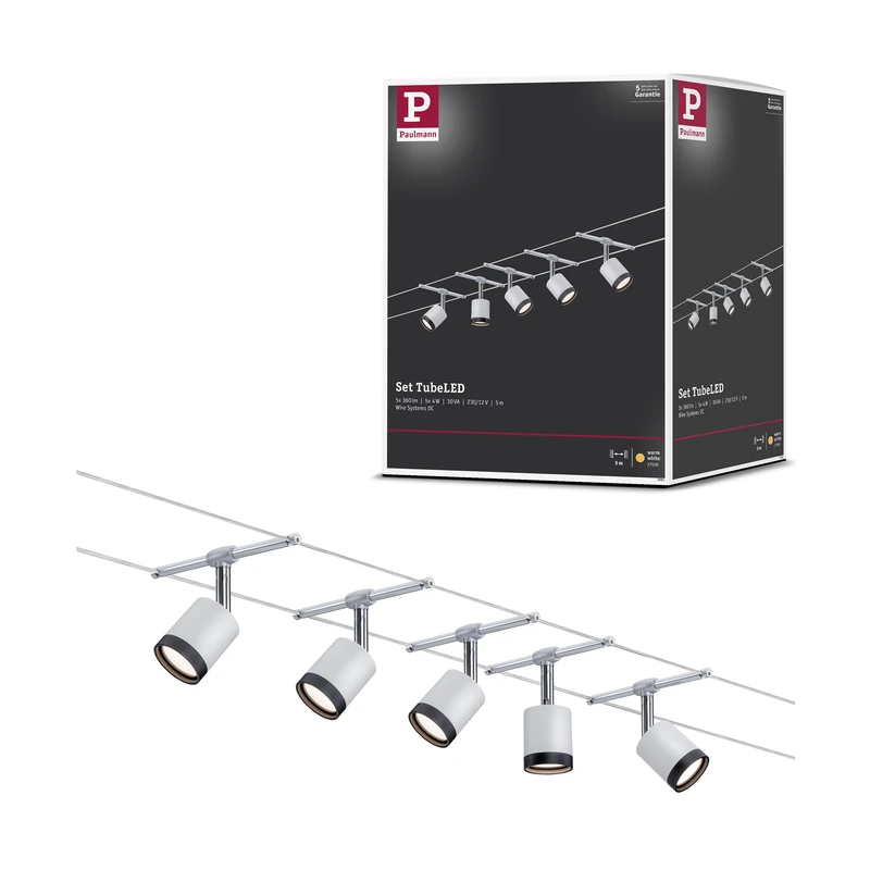 Paulmann 3981 TubeLED Wire System Spot Lights - Tension Wire Lighting w/ 5 Pendant Lights - Modern & Energy Efficient Warm White Ceiling Lights in Plastic White/Chrome 2700k 230/12V LED Hanging Lights