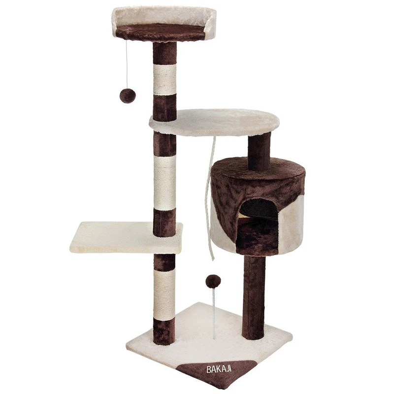 BAKAJI Tree Scratching Post for Cats in Sisal and Soft Toys Playground Cat with Bed Scratches Poles and 3 Decks Dimensions 112 x 67 x 55 cm Cream and Brown Color
