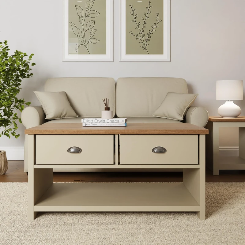 GFW Lancaster Coffee Table With Drawers For Living Room, Storage Coffee Tables With 2 Drawers & Undershelf Display, Living Room Home Furniture Wood Table, Cream, W99 x H50 x D55 cm