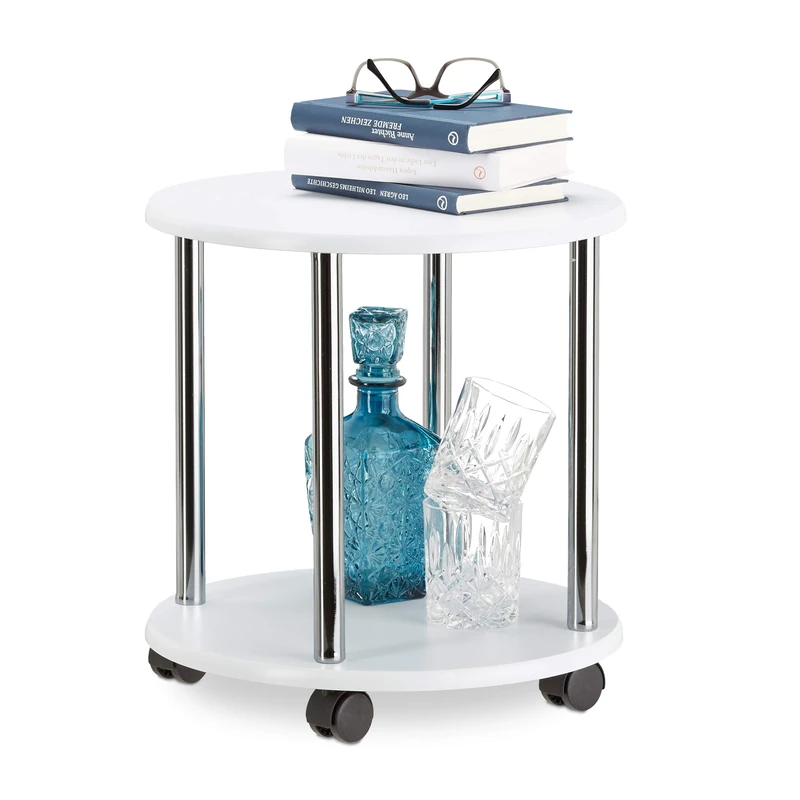 Relaxdays Wooden Side Table, Multipurpose Cart on 4 Castors, Small Coffee Table & Kitchen Trolley, Round, HWD: 41.5 x 40 x 40 cm, White