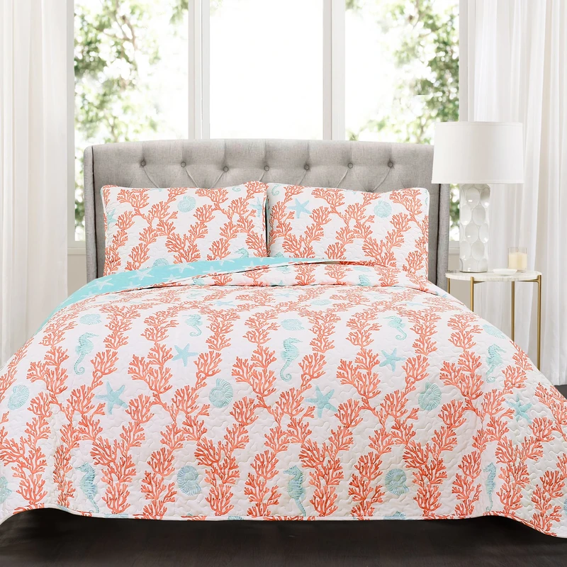 Lush Decor 3 Piece Quilt Set, Blue/Coral, Full/Queen