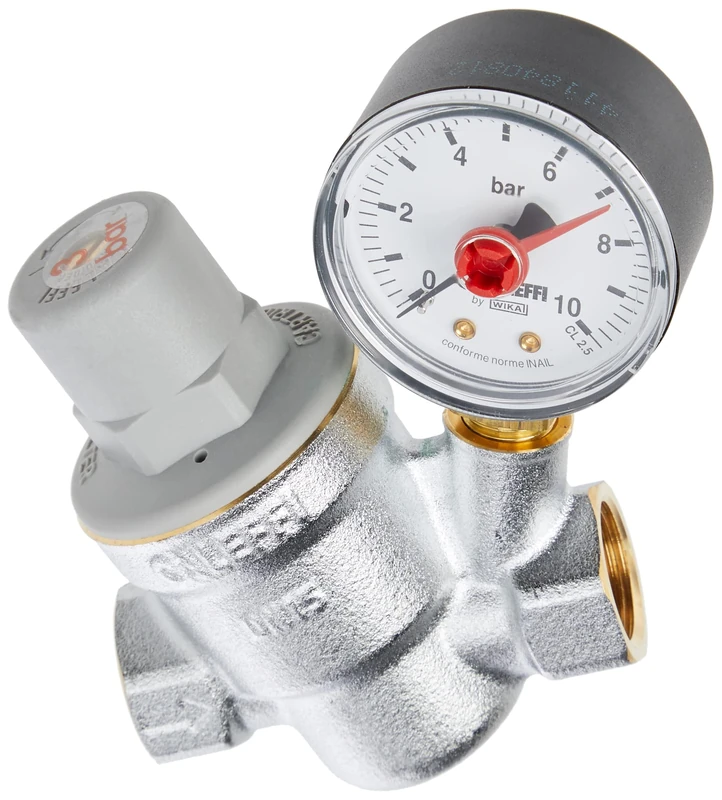Caleffi 16624 Angled Pressure Reducer 1/2'', Pressure Gauge, Chrome