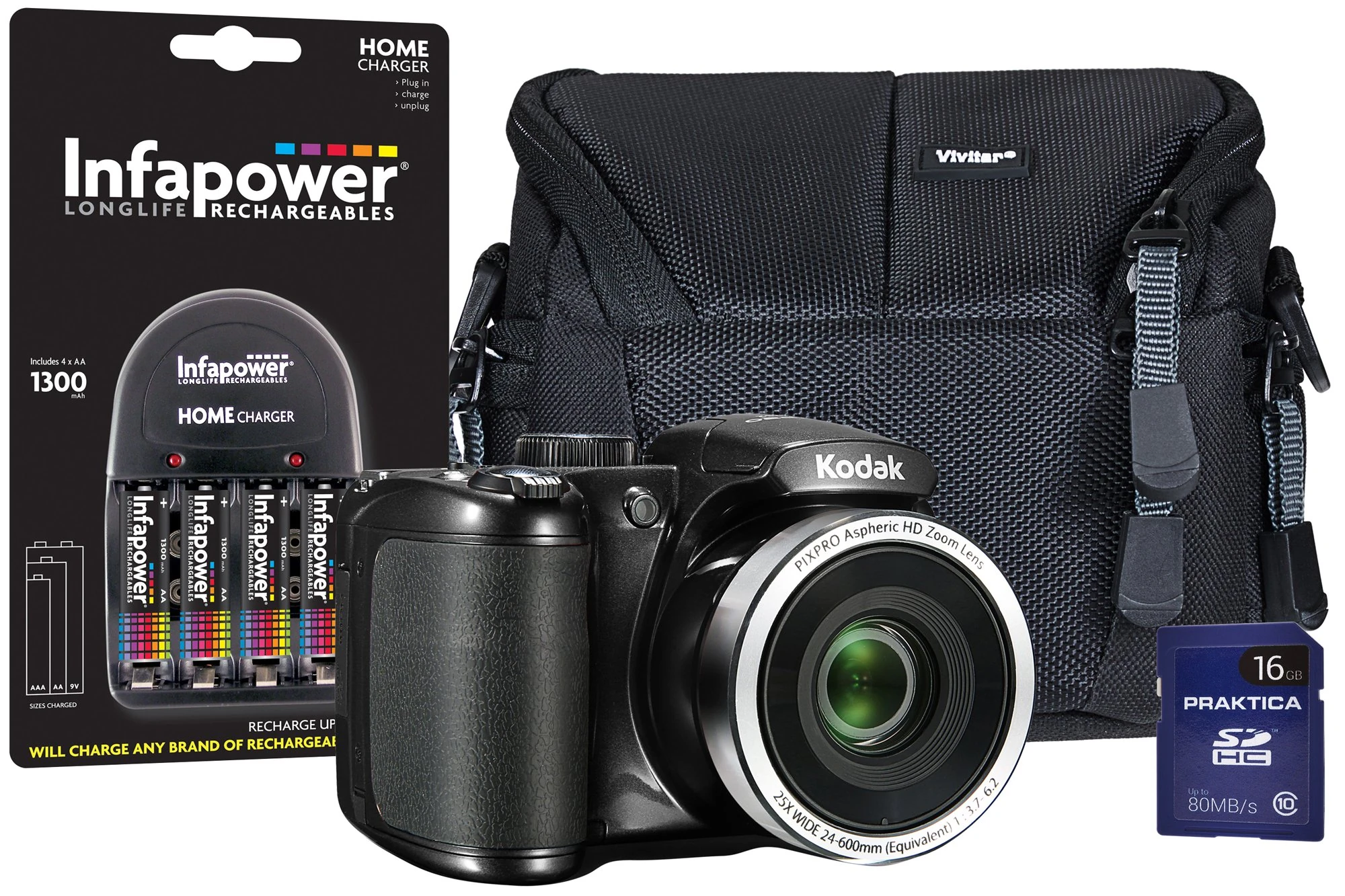 Kodak PIXPRO AZ252 Bridge Camera with 4x AA Batteries/16 GB SD Card and Case - Black