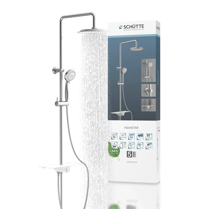 SCHÜTTE Aquastar Shower Set Rain Shower with Shelf, Shower System with 5-Way Adjustable Hand Shower, Shower Column with Shower Head, Shower Set in Chrome/White