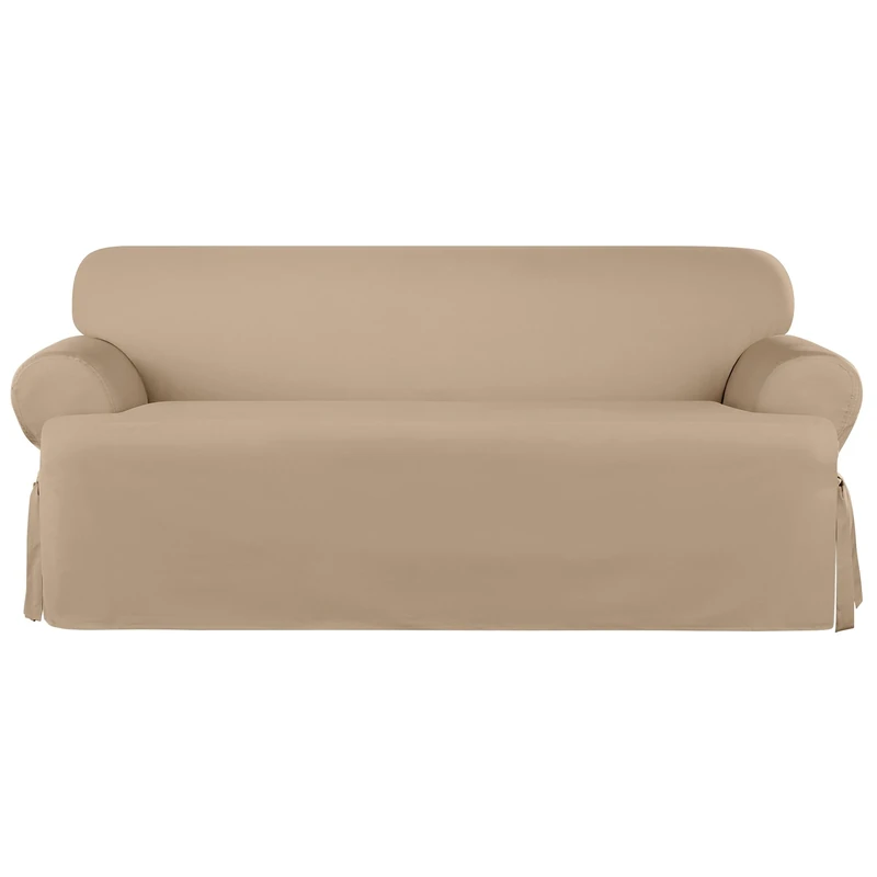 Surefit Heavyweight Cotton Duck T-Cushion Sofa Slipcover, One Piece Full Length Relaxed Sofa Cover with Corner Ties, Machine Washable, Khaki Color