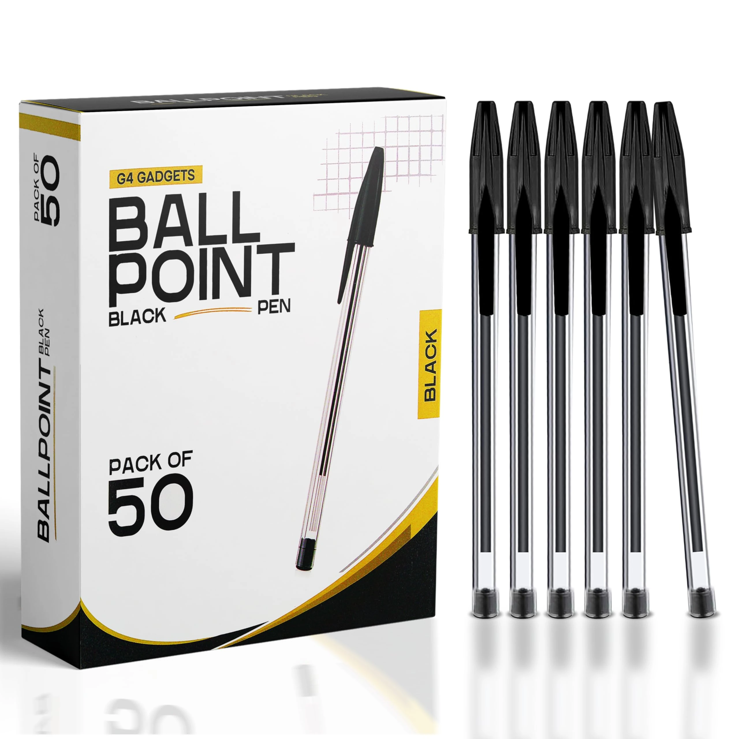 G4GADGET Pack of 50 Black Pens - Medium Tip Fluent Smooth Writing Black Biro Ballpoint Pens