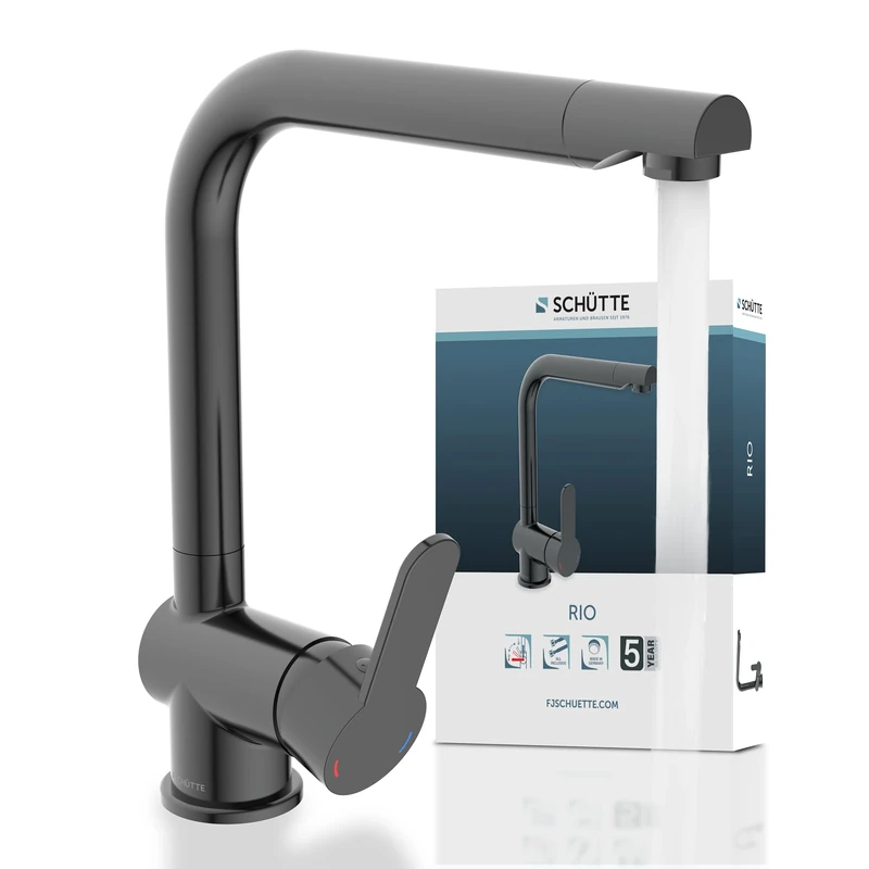 SCHÜTTE Rio 79836 360° Swivelling Kitchen Tap with High Spout Kitchen Single Lever Mixer Tap Single Sink Double Sink Mixer Tap for The Sink, High Gloss Graphite