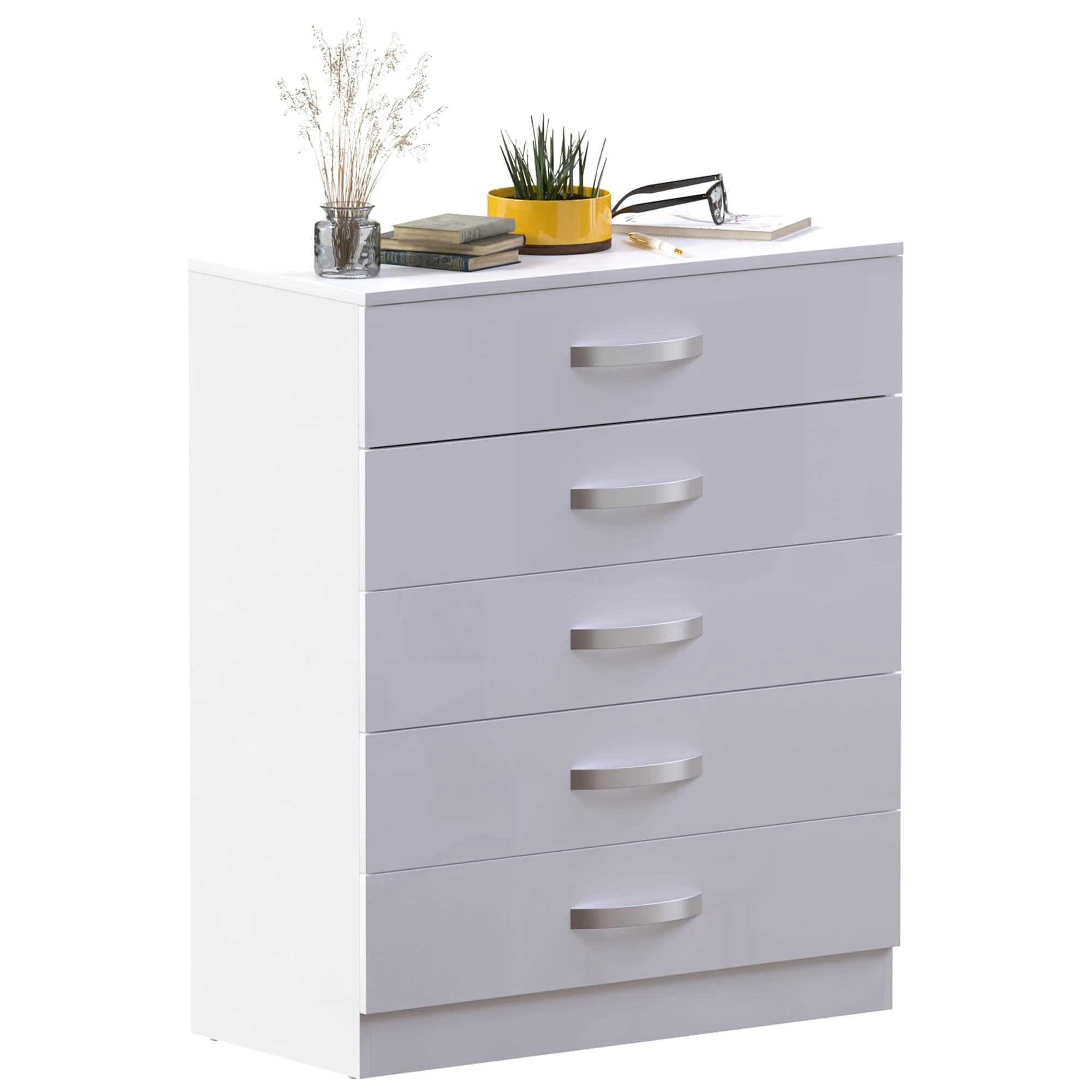 Vida Designs Hulio High Gloss 5 Drawer Chest Of Drawers, White, 90 x 75 x 36 cm