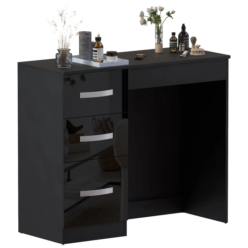 Vida Designs Hulio High Gloss 3 Drawer Dressing Table/Vanity Table, Black, 79 x 93 x 38 cm