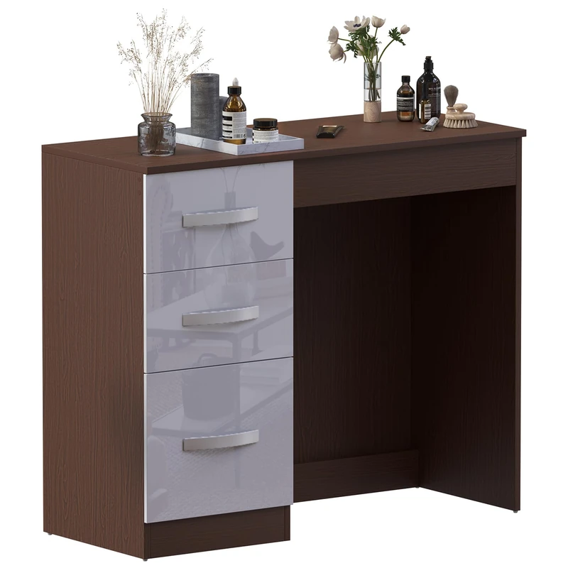 Vida Designs Hulio High Gloss 3 Drawer Dressing Table/Vanity Table, Bedroom Furniture, White and Walnut