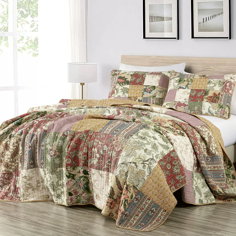 Chezmoi Collection Delaney 3-Piece Floral Patchwork Vintage Washed 100% Cotton Quilt Set, King