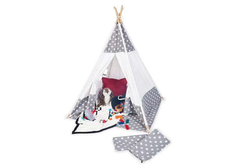 Pinolino Jakara Teepee Tent, Made of Fabric and Wood, with Window, Floor Mat and Storage Bag, for Children from 3 Years, Fabric with Star Pattern, Pack of 1