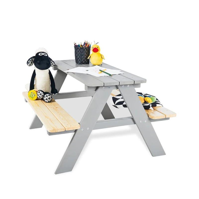 Pinolino Nicki Children's Seat Set for 4, Solid Wood, 2 Benches with 1 Table, Recommended for Children from 2 Years, Grey - Image 1