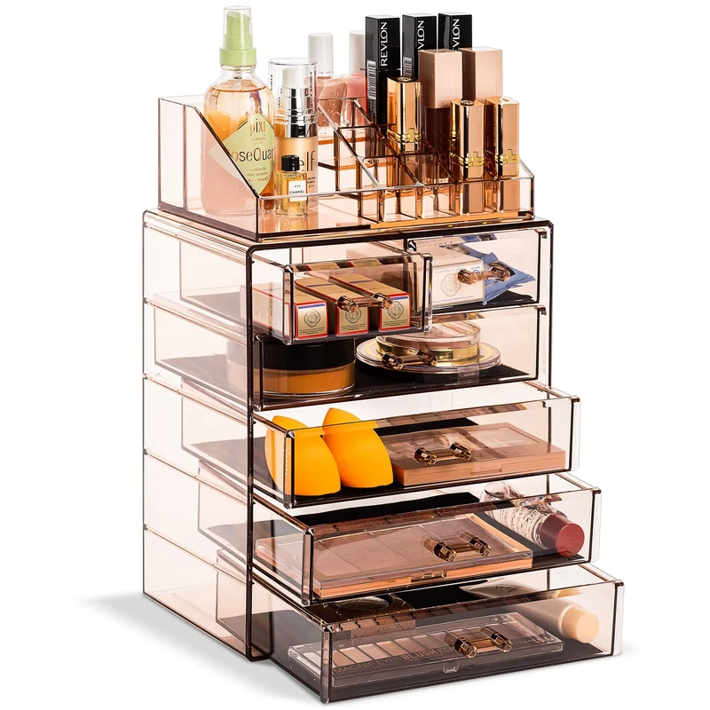 Sorbus Clear Cosmetic Makeup Organizer - Make Up & Jewelry Storage, Case & Display - Spacious Design - Great Holder for Dresser, Bathroom, Vanity & Countertop (3 Large, 4 Small Drawers - Bronze Glow)