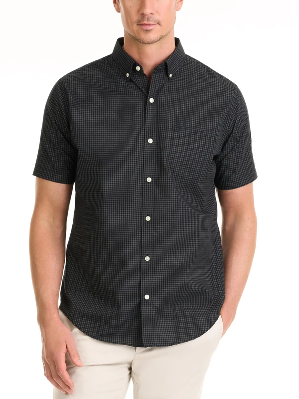 Van Heusen Men's Wrinkle Free Short Sleeve Button Down Shirt, Black Minicheck, XL - Image 1