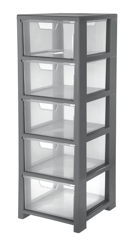 CEP Storage Tower with 5 Drawers, Plastic, Grey/Cristal, 32.5 x 35 x 95.6 cm