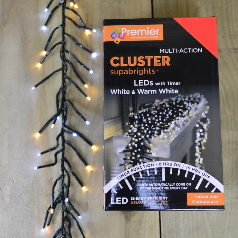 2000 LED (25m) Premier Cluster Christmas Tree Lights - Timer - Cool & Warm White