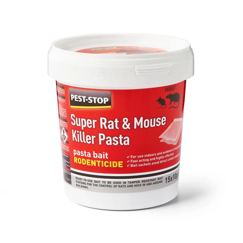 Pest-Stop Super Rat & Mouse Killer Pasta Bait | Effective Bait for Mice and Rats | Rodent Control Solution for Home and garden | Suitable for Baiting stations (15 x 10g), Red