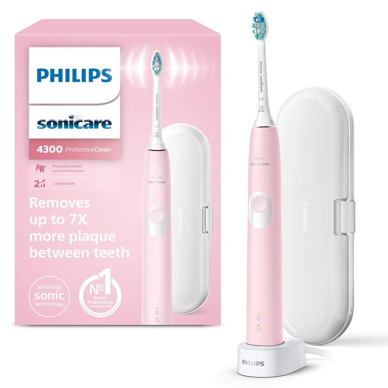 Philips Sonicare ProtectiveClean 4300 Electric Toothbrush, Sonic Toothbrush with Two Intensity Levels, Pressure Sensor and Timer, Pink, Model HX6806/03