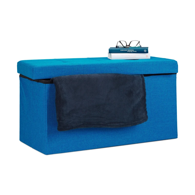 Relaxdays Folding Ottoman Storage Bench XL 38 x 76 x 38 cm Sturdy Foldable Foot Stool Box Bench with Removable Lid, Blue