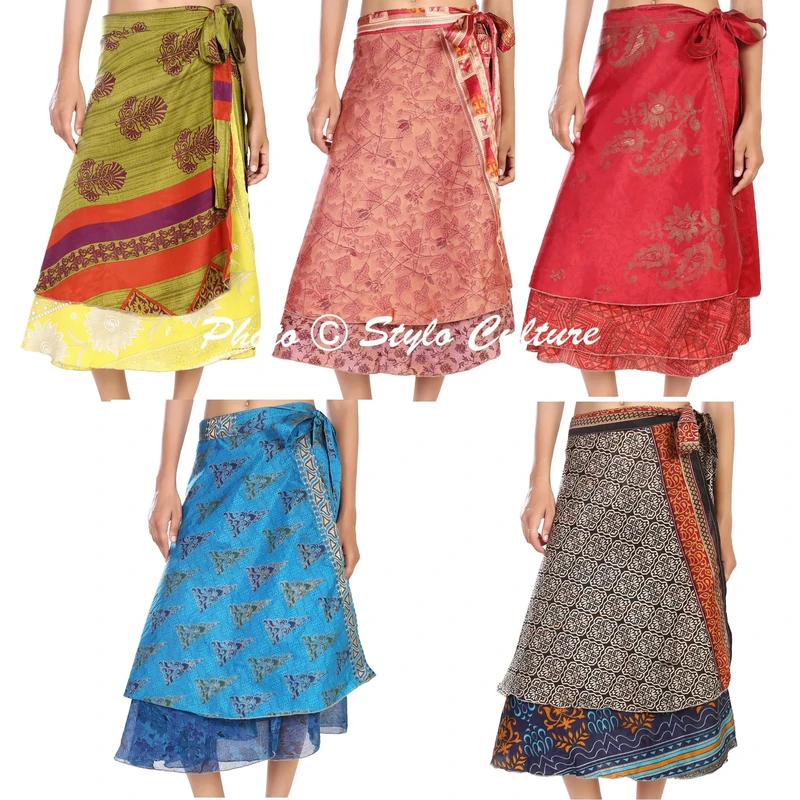 Stylo Culture Gipsy Mid Calf Skirts 2 Layered Cover ups Swimwear Beach Wrap Skirt Wholesale Lot Art Silk Magic Wrap Womens Printed Midi Skirt 50 Pc Lot - Image 1