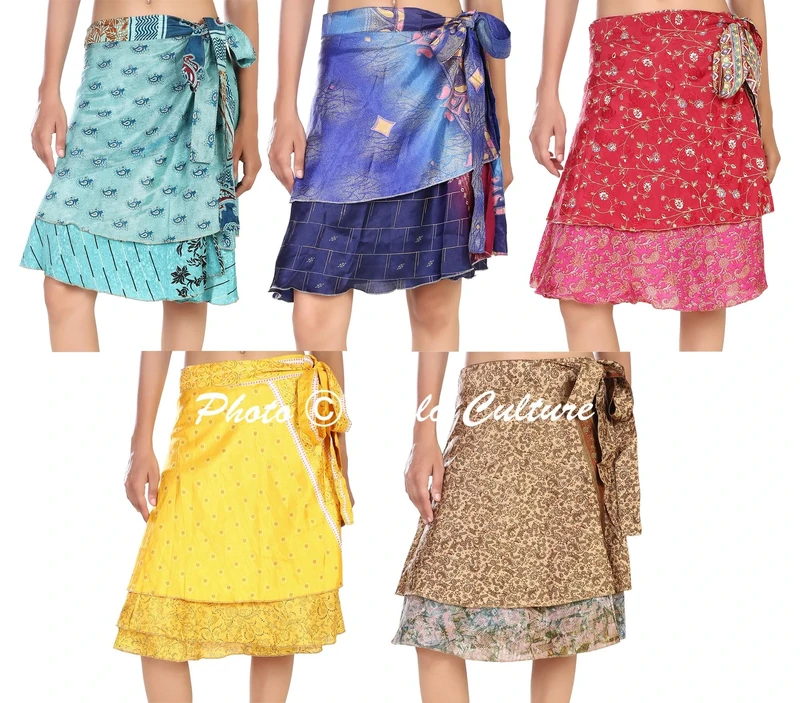 Stylo Culture Bohemian Wrap Tie Mini Skirt 2 Layered Cover ups Swimwear Beach Wrap Skirt Wholesale Lot Art Silk Magic Wrap Womens Printed Wrap Style Skirt 50 Pc Lot