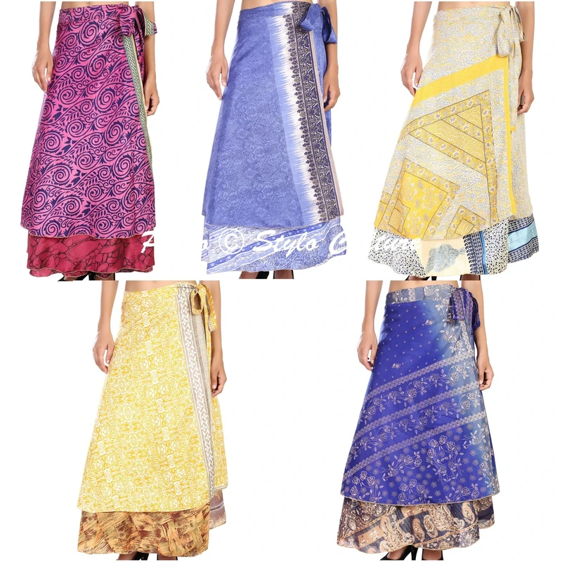 Stylo Culture Gypsy Asymmetrical Wrap Maxi Skirt 2 Layered Cover ups Swimwear Beach Wrap Skirt Wholesale Lot Art Silk Magic Wrap Womens Printed Long Maxi Skirts 100 Pc Lot Multicoloured