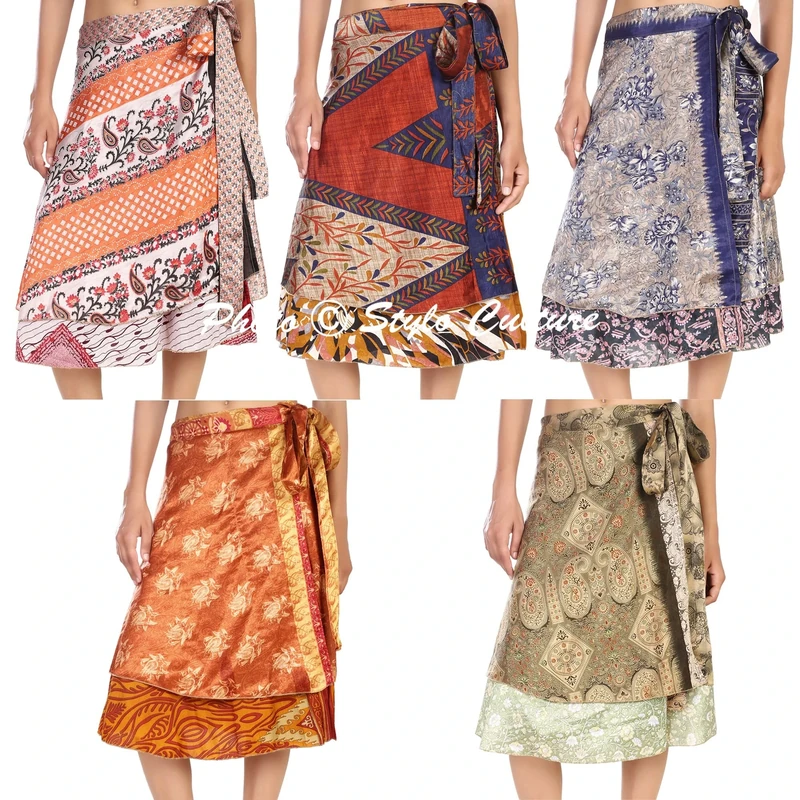 Stylo Culture Bohemian Short Wrap Around Skirt 2 Layered Cover ups Swimwear Beach Wrap Skirt Wholesale Lot Art Silk Magic Wrap Womens Printed Wrap Style Skirt 100 Pc Lot Multicoloured
