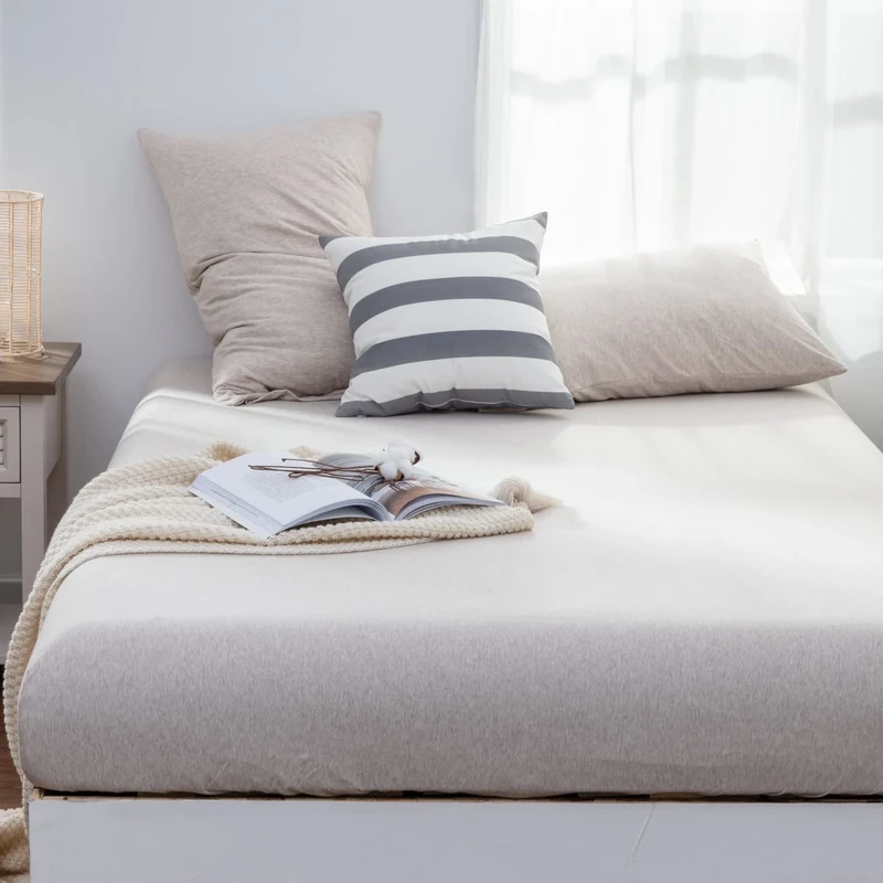LIFETOWN 100% Jersey Knit Cotton Sheet Set, Extra Deep Pocket, 1 Fitted Sheet with 2 Pillowcases, Wrinkle-Free Ultra Soft (Heathered Oatmeal Beige, Queen)