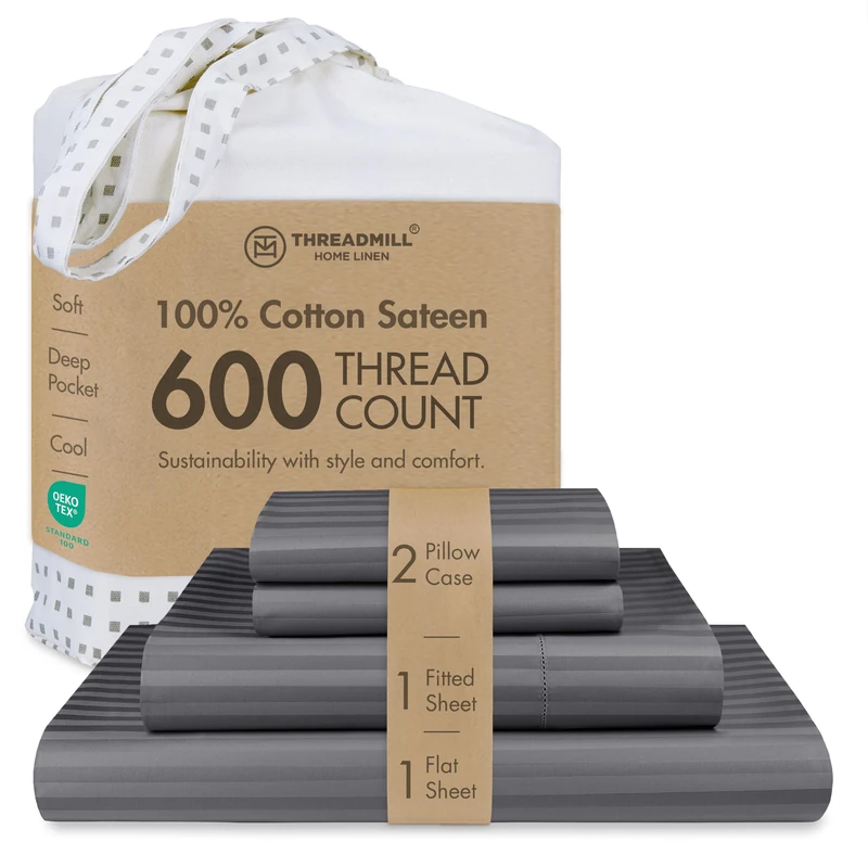Threadmill Home Linen 600 Thread Count 100% Cotton Sheets, 1CM Damask Stripe Dark Grey California King Sheets 4 Piece Set Hemstitch, ELS Combed Cotton Bed sheets, Sateen Fits Mattress with Deep Pocket