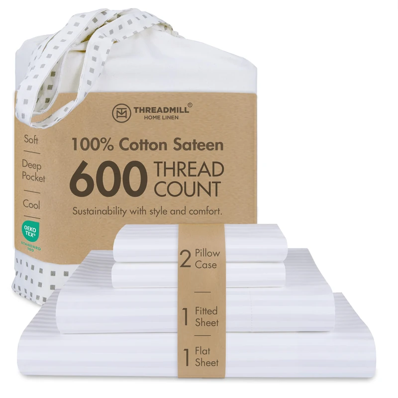 Threadmill 600TC Cotton Full Sheet Set, Sateen, Damask Stripe, White