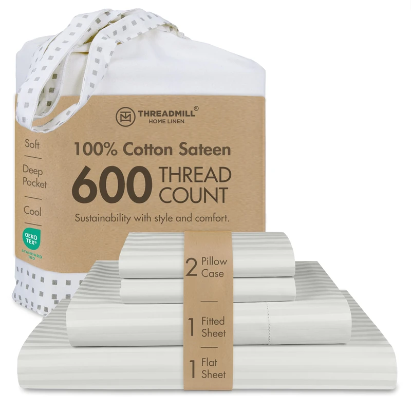 Threadmill Home Linen bedding collection 600 Thread count 100% ELS Cotton Damask Stripe Sheet Set, Hem Stitch Bedding, 4 Piece Set, Bed sheets, Smooth Sateen Weave, Full, Silver