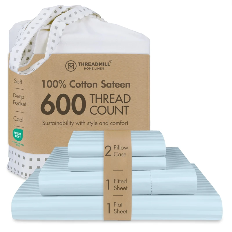 Threadmill Home Linen bedding collection 600 Thread count 100% ELS Cotton Damask Stripe Sheet Set, Hem Stitch Luxury Bedding, 4 Piece Set, Bed sheets, Smooth Sateen Weave, King, Blue
