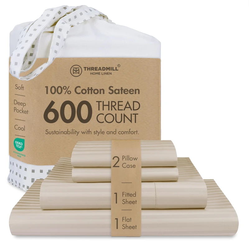 Threadmill 600TC Cotton King Sheet Set, Sateen, Damask Stripe, Beige