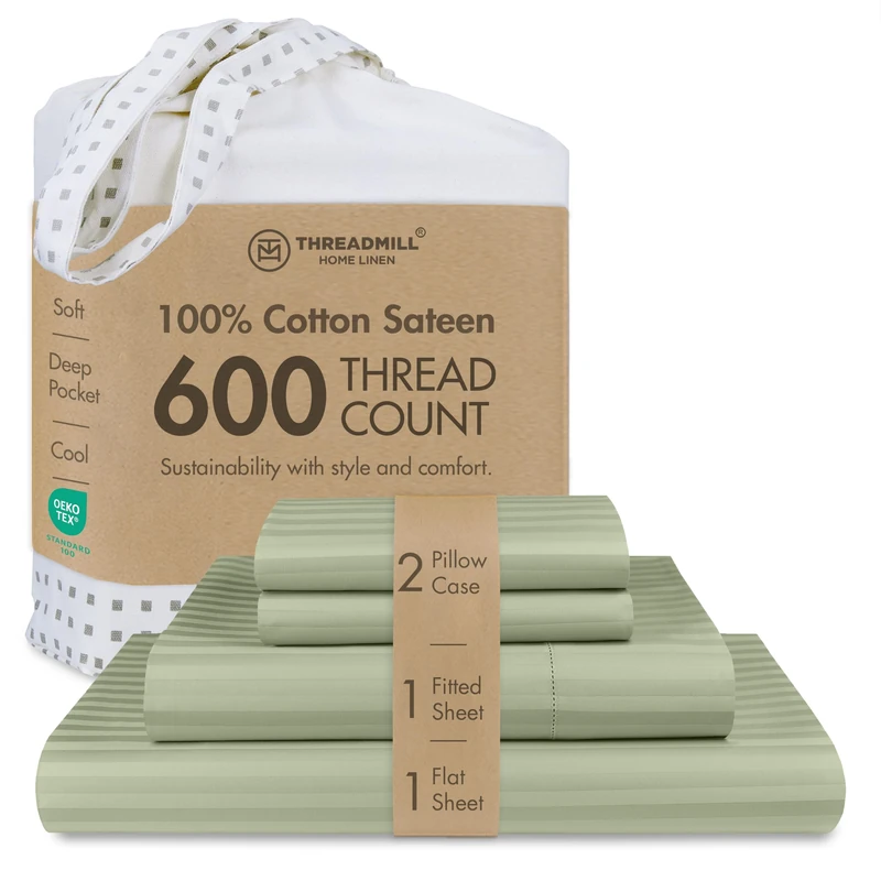 Threadmill 600TC Cotton Queen Sheet Set, Sateen, Damask Stripe, Sage