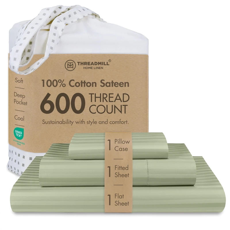 Threadmill 600TC Cotton Twin Sheet Set, Sateen, Damask Stripe, Sage Green