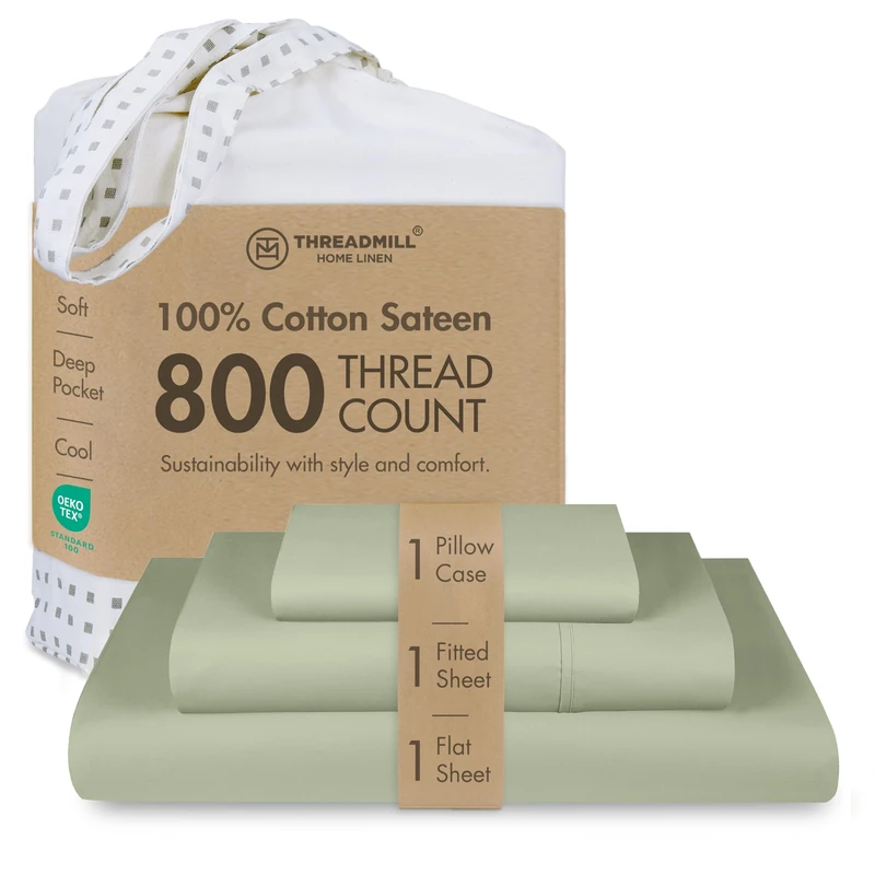 Threadmill Home Linen Twin 800 Thread Count Sateen Weave 100% Pure Cotton 3 Piece Sheet Set, Extra Long Staple Cotton, Silky Smooth Sage Green Sheets with Elasticized Deep Pocket