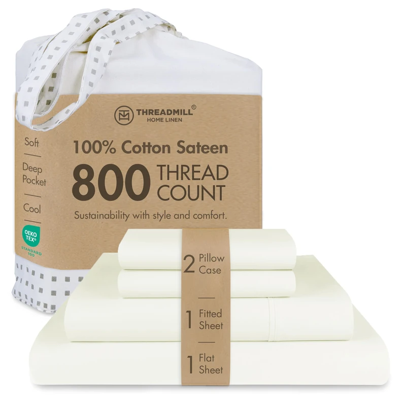 Threadmill Full Bed-Sheets - 800 Thread Count Sateen Weave, 100% Pure Cotton 4 Piece Solid Bedding Set, Extra Long Staple Cotton, Silky Soft Ivory Sheets with Elasticized Deep Pocket