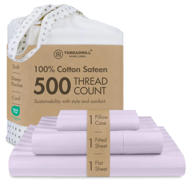 Threadmill 500 Thread Count Twin-XL Size Damask Stripe, 3 Piece Cotton Sheet Set, Breathable & Silky Soft Lilac Sheets with 15" Elasticized Deep Pocket, 1 Pillowcase & Free Tote Bag