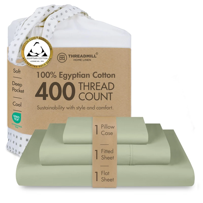 Threadmill Home Linen 400 Thread Count Bedding Collection 100% ELS Cotton Solid Sateen Sheet Set, Luxury Bedding, 3 Piece Set, Bed Sheets, Smooth Sateen Weave, Twin, Sage