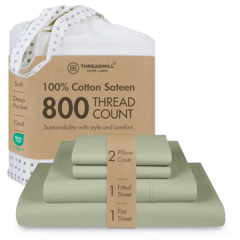 Threadmill Full Bed-Sheets - 800 Thread Count Sateen Weave, 100% Pure Cotton 4 Piece Solid Bedding Set, Extra Long Staple Cotton, Silky Soft Sage Green Sheets with Elasticized Deep Pocket
