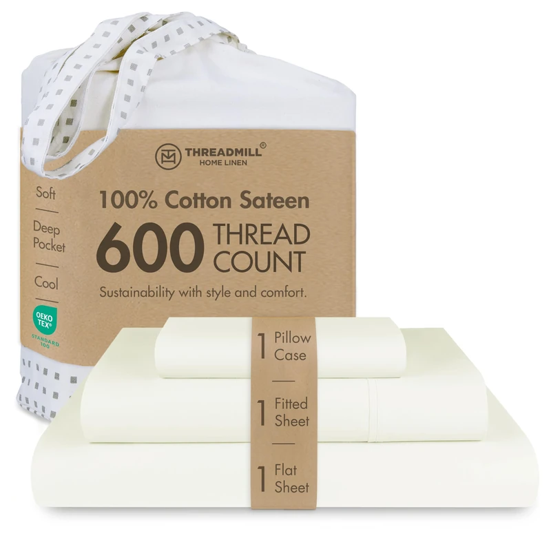 Threadmill 600 Thread Count Cotton Twin XL Sheet Set, Sateen, Ivory