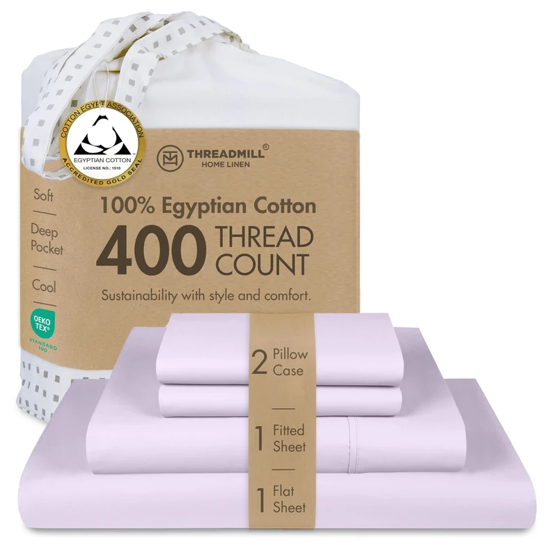 Threadmill Home Linen Certified 100% Egyptian Cotton King Size 4 Piece Solid Bed Set, 400 Thread Count Sateen Weave, ELS Combed Cotton, Comfortable Lilac Sheets with Elasticized Deep Pocket