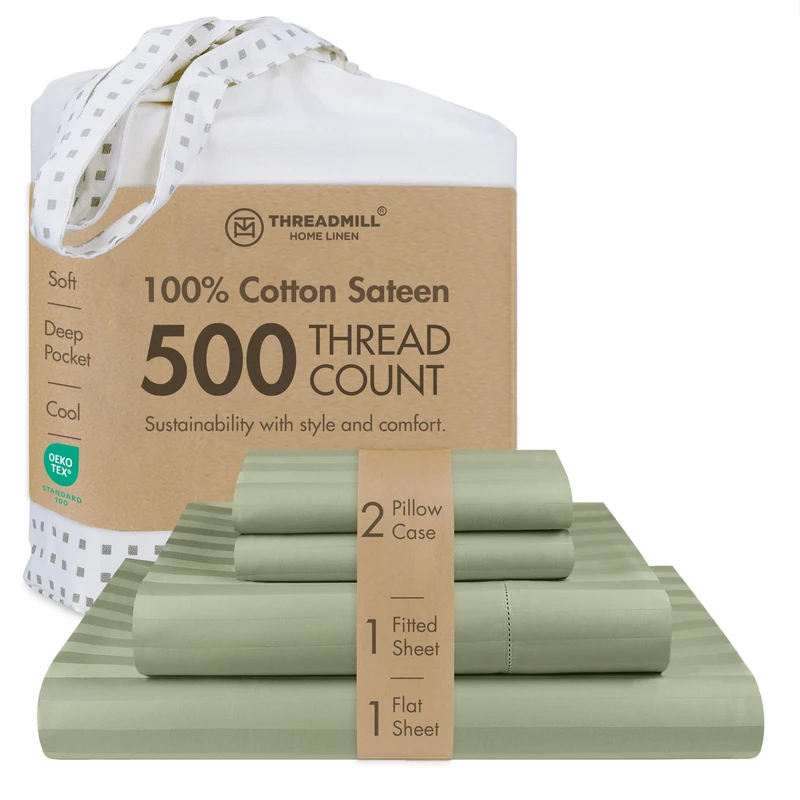 Threadmill 500TC Cotton Full Sheet Set, Damask Stripe, Sage Green, 4-Piece