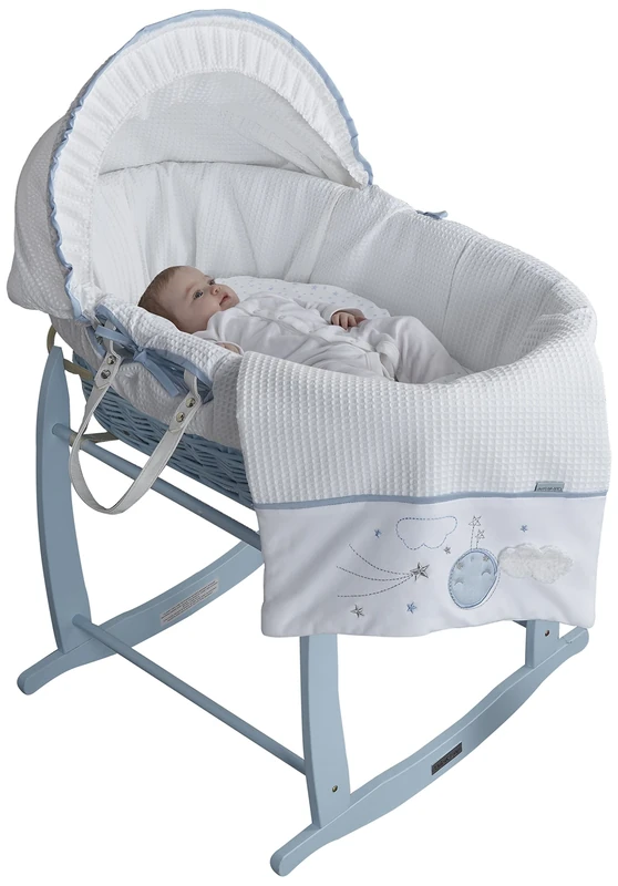 Clair de Lune Wicker Moses Basket, Blue, Over The Moon